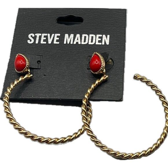 Steve Madden Red Pear Shaped Stone Accent Textured Gold-Tone Open Hoop Earrings - Picture 3 of 3